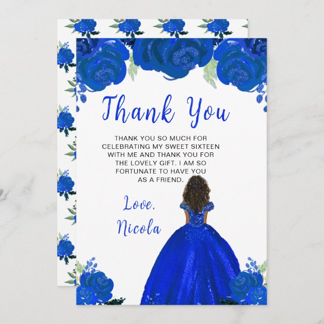 Dark Skin Princess Blue Floral Sweet Sixteen Thank You Card (Front/Back)