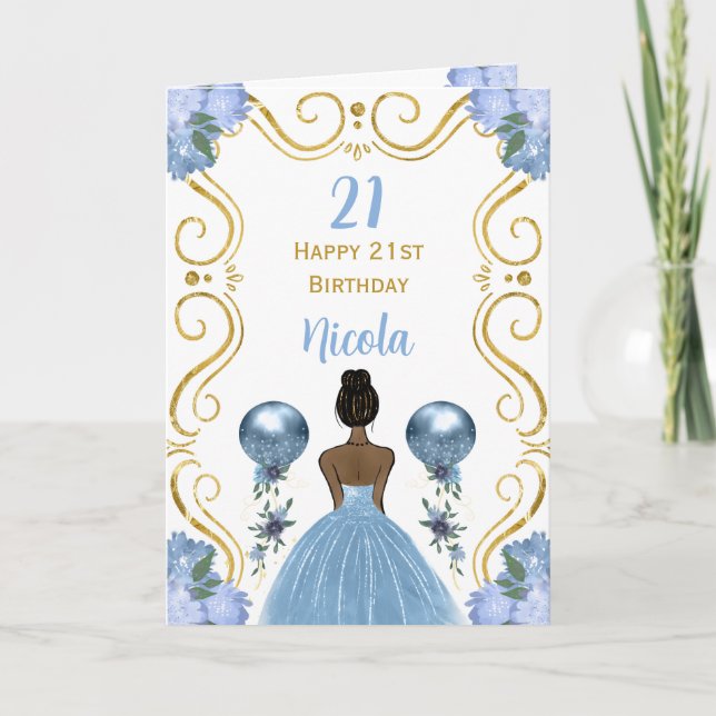 Dark Skin Princess Blue Happy Birthday Card (Front)