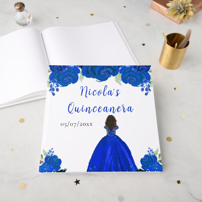 Dark Skin Princess Blue Quinceanera Guest Book (Front Open)
