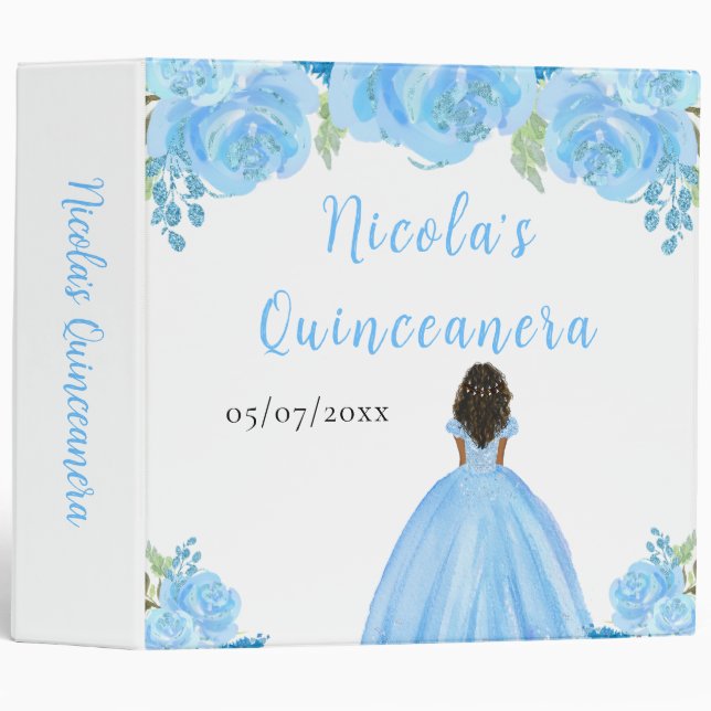 Dark Skin Princess Blue Quinceanera Photo Album 3 Ring Binder (Front/Spine)