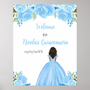 Dark Skin Princess Blue Quinceanera Welcome Poster