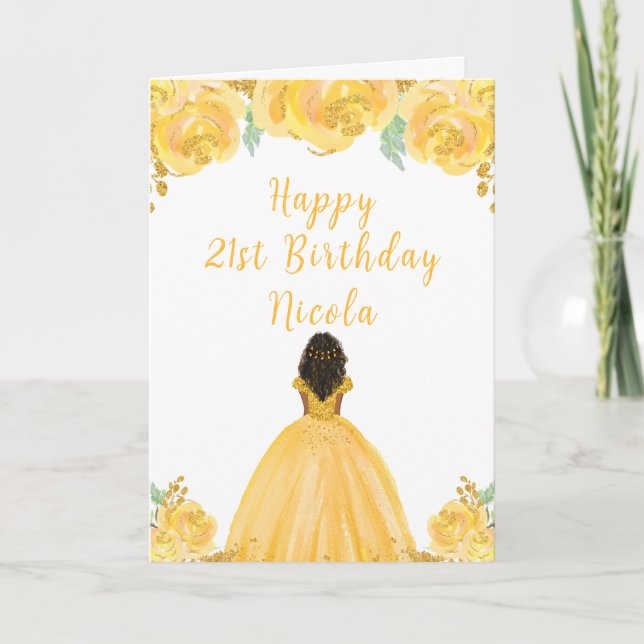 Dark Skin Princess Gold Floral Birthday Party Card (Front)