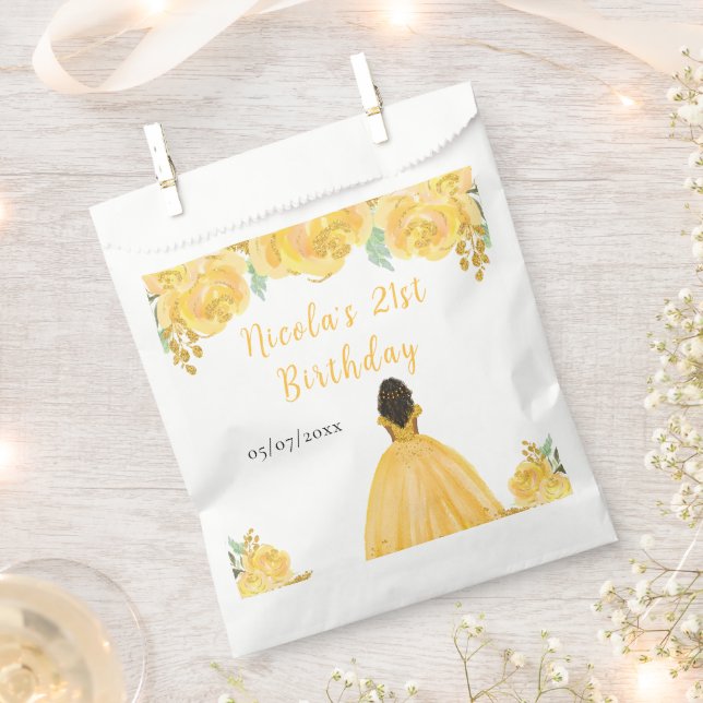 Dark Skin Princess Gold Floral Birthday Party Favor Bag (Clipped)