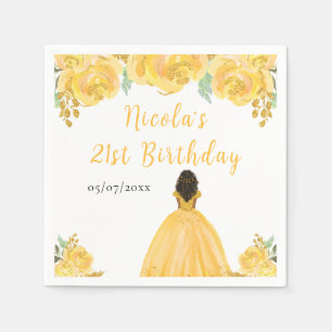 Dark Skin Princess Gold Floral Birthday Party Napkins
