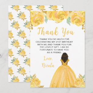 Dark Skin Princess Gold Floral Birthday Party Thank You Card