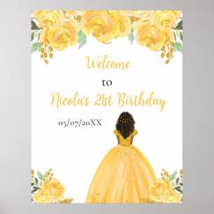 Dark Skin Princess Gold Floral Birthday Welcome Poster