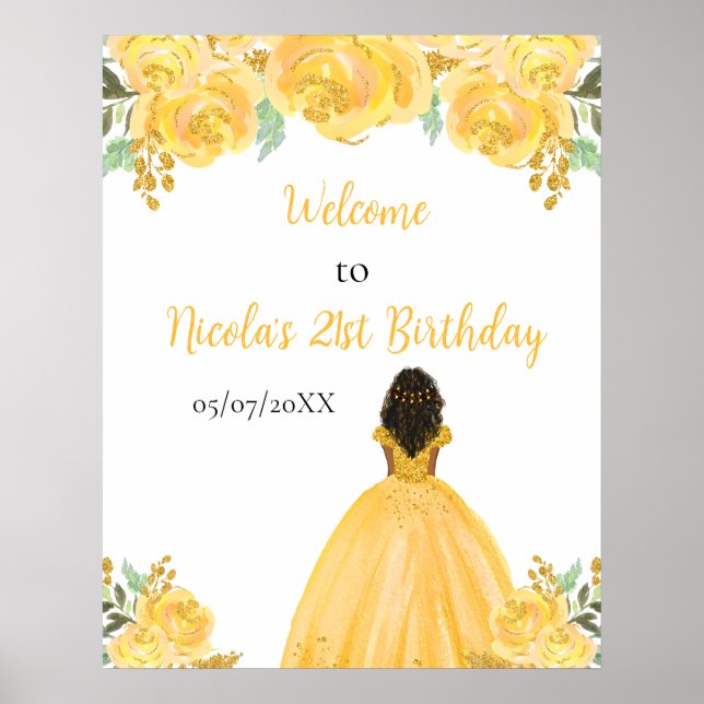 Dark Skin Princess Gold Floral Birthday Welcome Poster (Front)