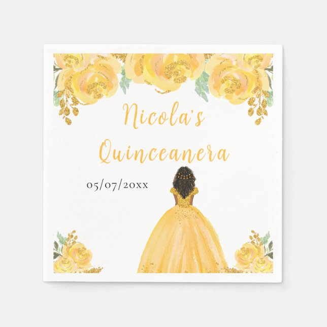 Dark Skin Princess Gold Floral Quinceanera Napkins (Front)