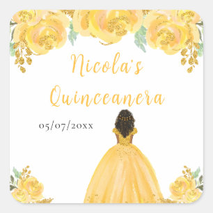 Dark Skin Princess Gold Floral Quinceanera Square Sticker