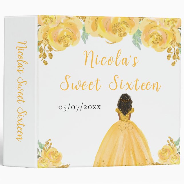 Dark Skin Princess Gold Floral Sweet Sixteen 3 Ring Binder (Front/Spine)