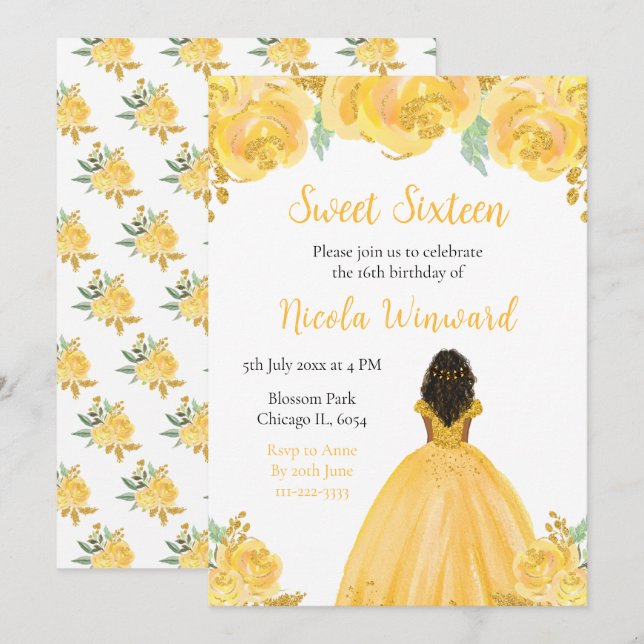 Dark Skin Princess Gold Floral Sweet Sixteen Invitation (Front/Back)