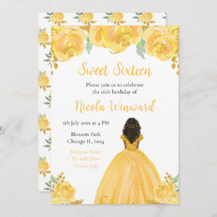Dark Skin Princess Gold Floral Sweet Sixteen Invitation