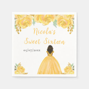 Dark Skin Princess Gold Floral Sweet Sixteen Napkins