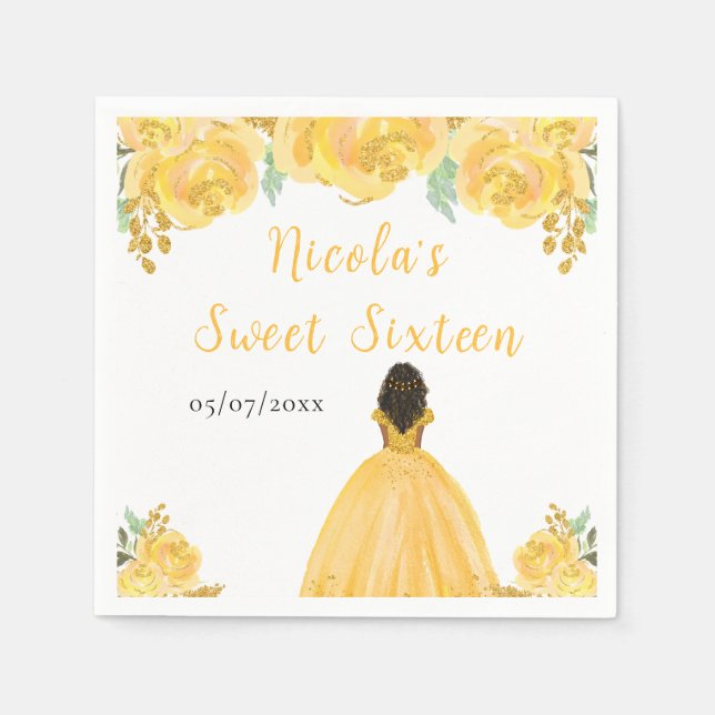Dark Skin Princess Gold Floral Sweet Sixteen Napkins (Front)
