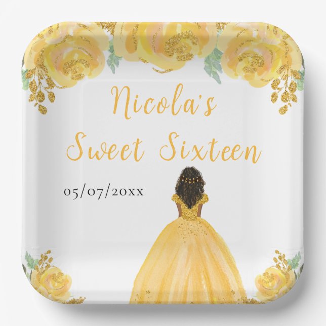 Dark Skin Princess Gold Floral Sweet Sixteen Paper Plates (Front)