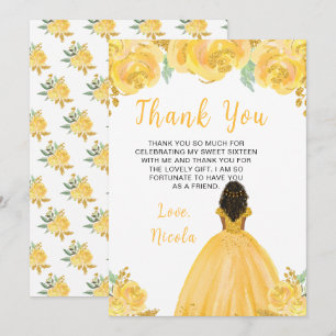 Dark Skin Princess Gold Floral Sweet Sixteen Thank You Card