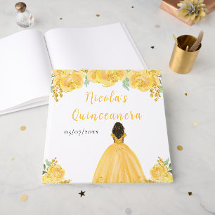 Dark Skin Princess Gold Quinceanera Guest Book