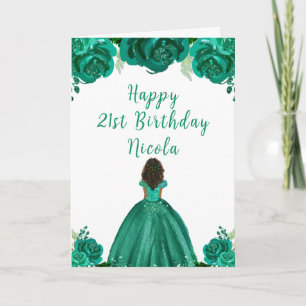 Dark Skin Princess Green Floral Birthday Party Card