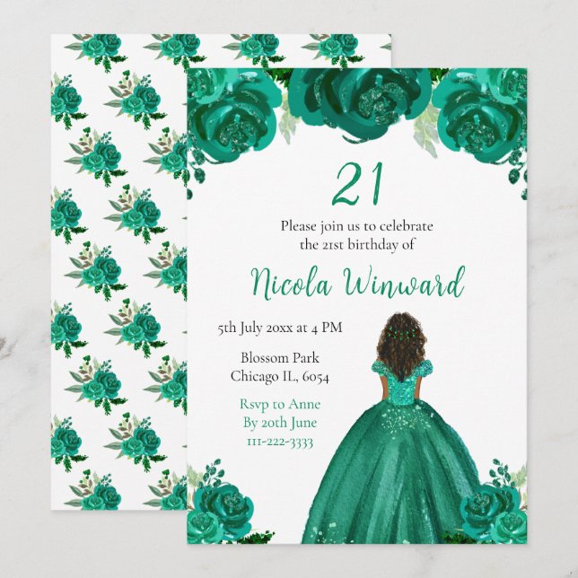 Dark Skin Princess Green Floral Birthday Party Invitation (Front/Back)