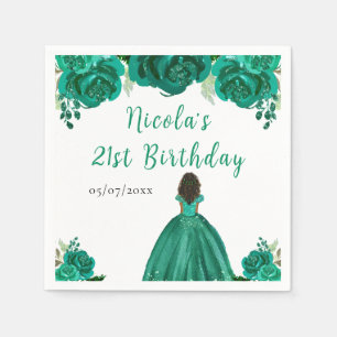 Dark Skin Princess Green Floral Birthday Party Napkins