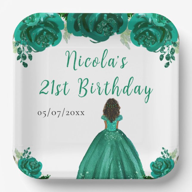 Dark Skin Princess Green Floral Birthday Party Paper Plates (Front)