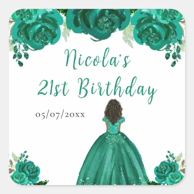 Dark Skin Princess Green Floral Birthday Party Square Sticker (Front)