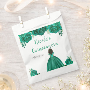 Dark Skin Princess Green Floral Quinceanera Favor Bag