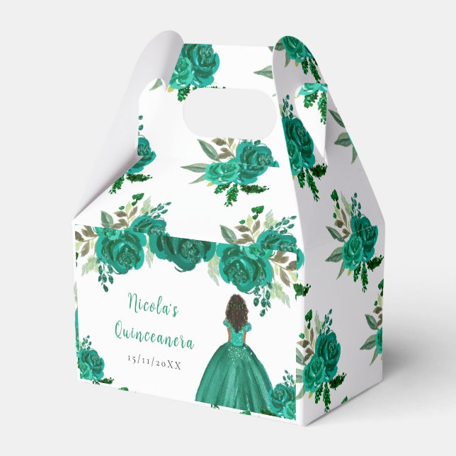 Dark Skin Princess Green Floral Quinceanera Favor Boxes (Front Side)