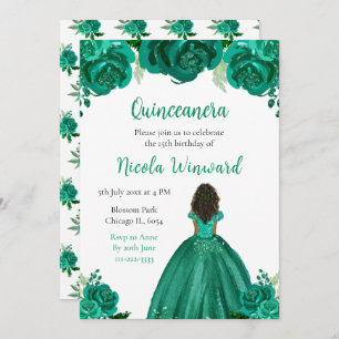 Dark Skin Princess Green Floral Quinceanera Invitation