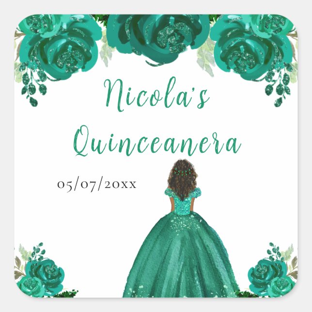 Dark Skin Princess Green Floral Quinceanera Square Sticker (Front)