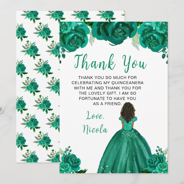 Dark Skin Princess Green Floral Quinceanera Thank You Card (Front/Back)