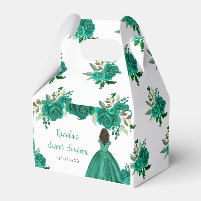 Dark Skin Princess Green Floral Sweet Sixteen Favor Boxes (Front Side)