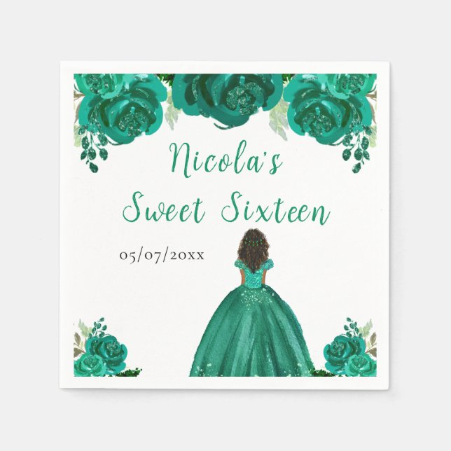 Dark Skin Princess Green Floral Sweet Sixteen Napkins (Front)