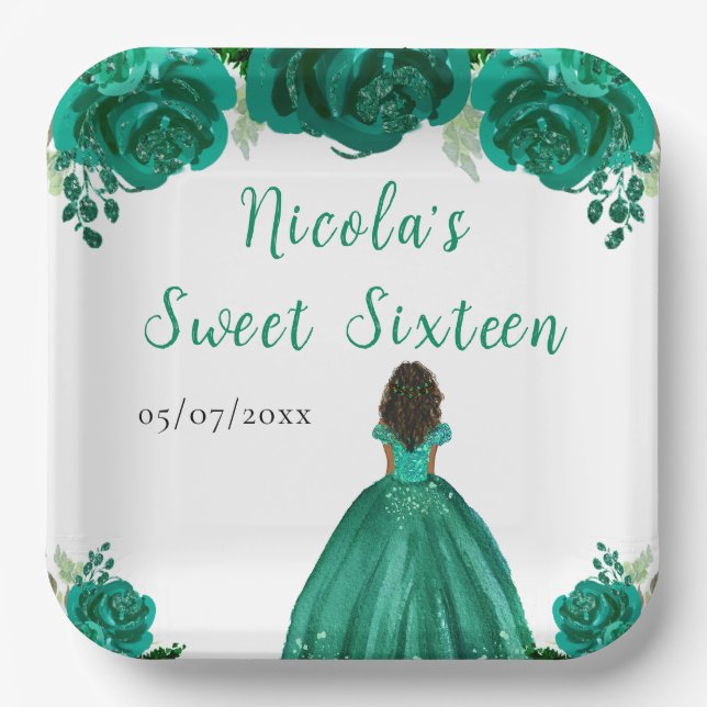 Dark Skin Princess Green Floral Sweet Sixteen Paper Plates (Front)