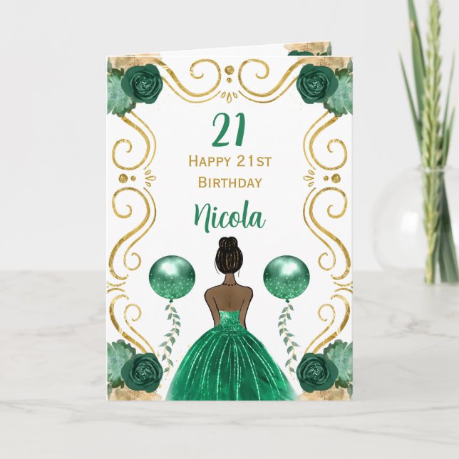 Dark Skin Princess Green Happy Birthday Card (Front)