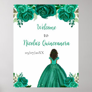 Dark Skin Princess Green Quinceanera Welcome Poster