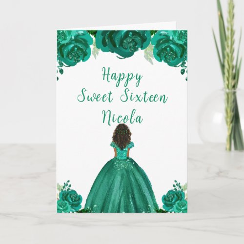 Dark Skin Princess Green Sweet Sixteen Card