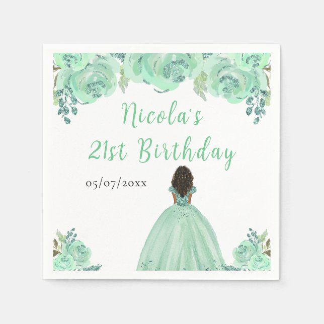 Dark Skin Princess Mint Floral Birthday Party Napkins (Front)