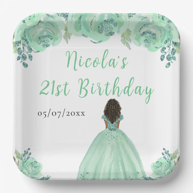 Dark Skin Princess Mint Floral Birthday Party Paper Plates (Front)