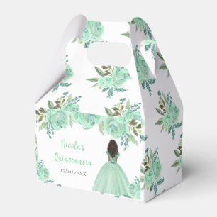 Dark Skin Princess Mint Floral Quinceanera Favor Boxes