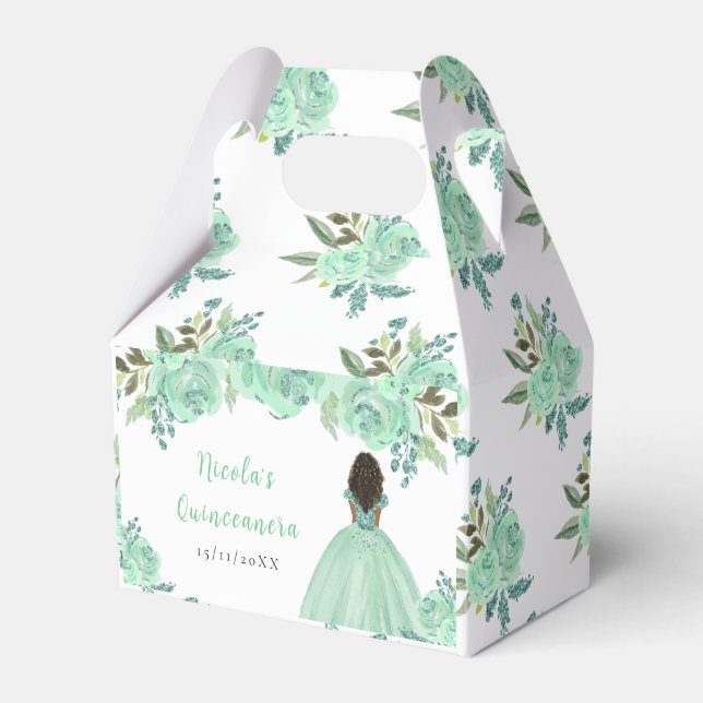 Dark Skin Princess Mint Floral Quinceanera Favor Boxes (Front Side)