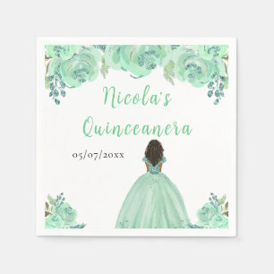 Dark Skin Princess Mint Floral Quinceanera Napkins
