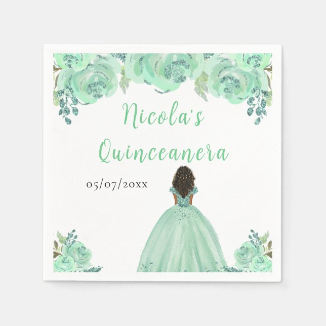Dark Skin Princess Mint Floral Quinceanera Napkins (Front)