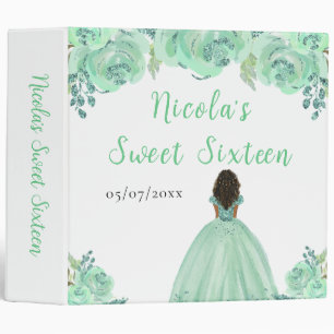 Dark Skin Princess Mint Floral Sweet Sixteen 3 Ring Binder