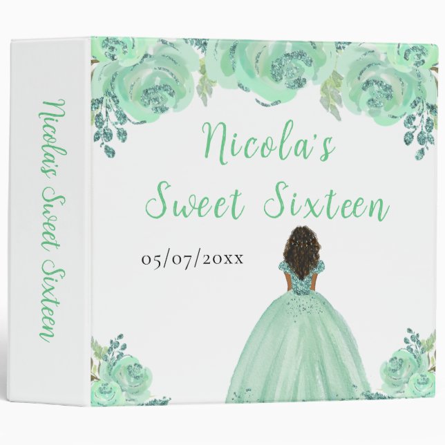 Dark Skin Princess Mint Floral Sweet Sixteen 3 Ring Binder (Front/Spine)