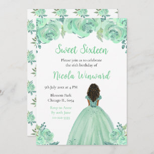 Dark Skin Princess Mint Floral Sweet Sixteen Invitation