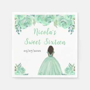 Dark Skin Princess Mint Floral Sweet Sixteen Napkins