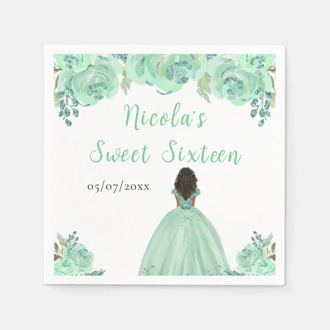 Dark Skin Princess Mint Floral Sweet Sixteen Napkins (Front)