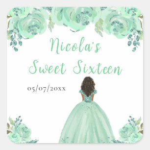 Dark Skin Princess Mint Floral Sweet Sixteen Square Sticker