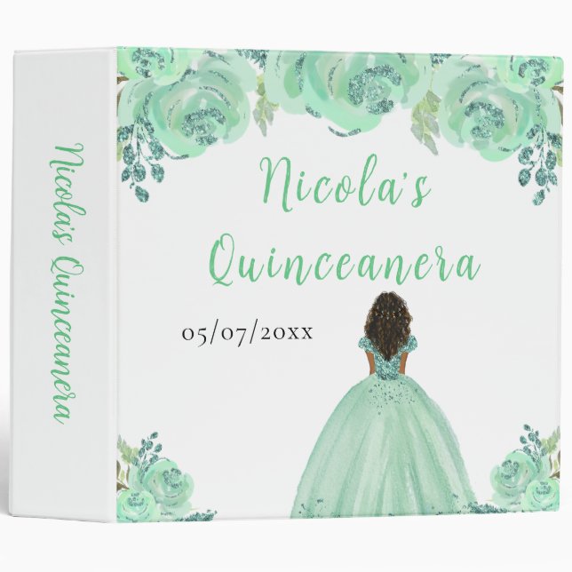 Dark Skin Princess Mint Quinceanera Photo Album 3 Ring Binder (Front/Spine)